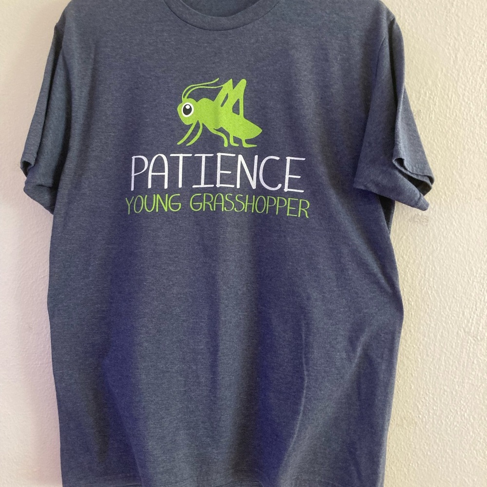 Port and Company Gray T-Shirt with Green Grasshopper Design